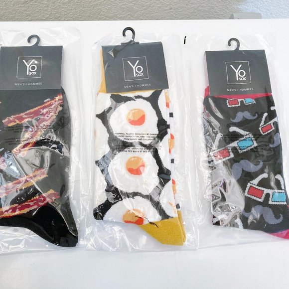 NEW YO SOX Bundle 3 Pairs Mens Fun Socks Eggs Bacon Movie Night 3D Glasses - Picture 1 of 6